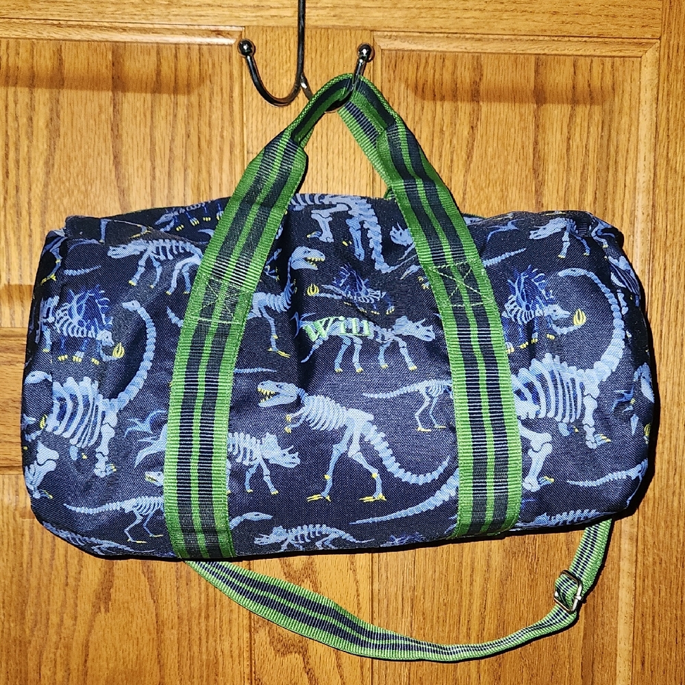 Pottery Barn Kids Dino Skeleton Duffel - Navy and Lime Embroidered "Will"